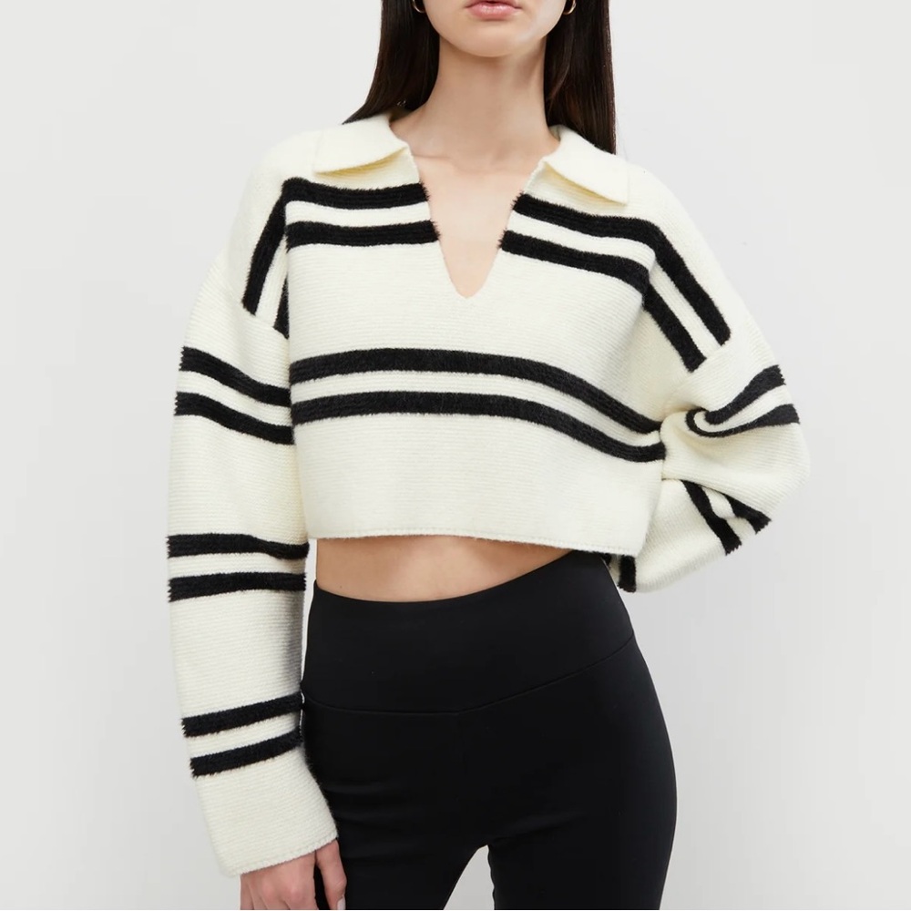 OAK + FORT Black and Cream Collared Striped V-Neck Sweater